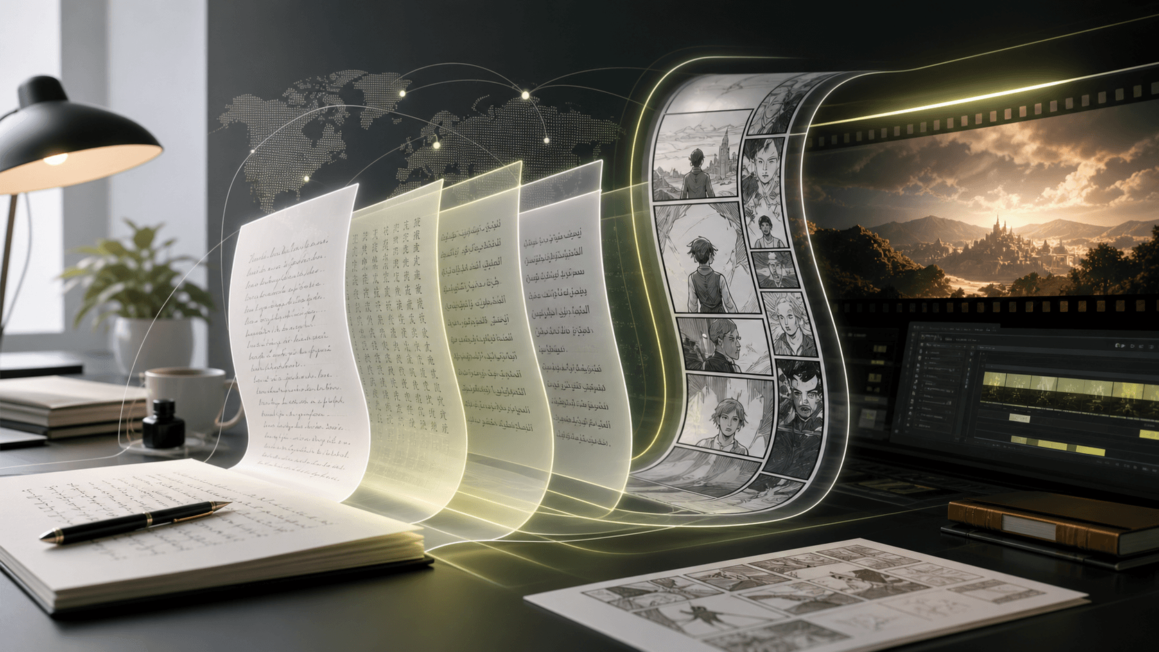 A manuscript evolving into translated pages, comic panels, and a film frame.